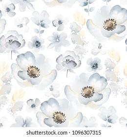 Gentle floral pattern with blue flowers Anemone in vintage watercolor style. Vector seamless illustration on white background.