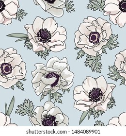 Gentle floral pattern with light biege spring flowers Anemone in vintage watercolor style on light blue background. Vector hand drawn outline sketch seamless illustration