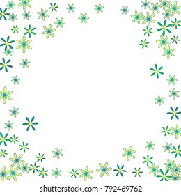 Gentle Floral Pattern with Simple Little Flowers for Greeting Card or Poster. Naive Daisy Flowers in Primitive Style. Vector Frame for Spring or Summer Design.