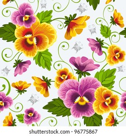 Gentle floral seamless background with pansy. Drawn without gradients.
