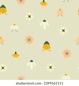 Gentle floral seamless pattern with cute abstract and exotic flowers on a beige background. Fresh, light and modern design. Use it for decorative purpose, wallpaper, textile in spring or summer.