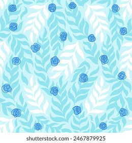Patrón suave floral sin costuras con ramas elegantes de hojas y rosas azules, adorno para textil de primavera o verano sobre fondo azul claro