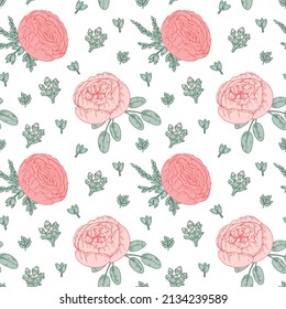 Patrón suave floral sin costuras con rosas y peonías. Ilustración vectorial dibujada por mano