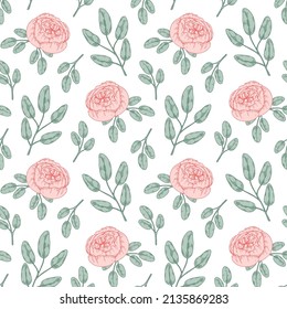 Gentle floral seamless pattern with roses and peonies. Hand drawn vector illustration