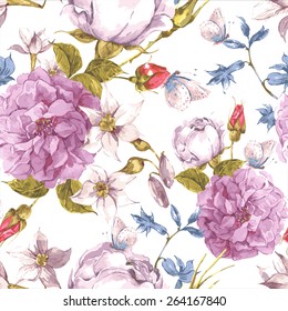 Gentle Floral Seamless Vintage Background with Roses, Wildflowers, Peonies and  Narcissus.  Watercolor Vector Illustration.