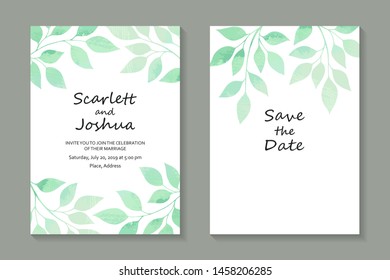 Gentle floral wedding invitation design or greeting card templates with green watercolor branches and leaves on a white background.