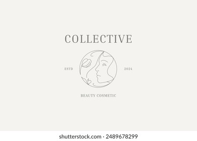 Gentle floral woman portrait continuous line circle logo design template vector illustration. Elegant botanical blossom female outline logotype for beauty salon coiffure hairdresser makeup artist