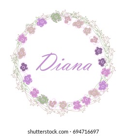 Gentle floral wreath with violets flowers.  Stylized senpolia illustration isolated on white. Pastel. Great for greeting cards, wedding invitations, save the date, decorations, quote, etc. Vector