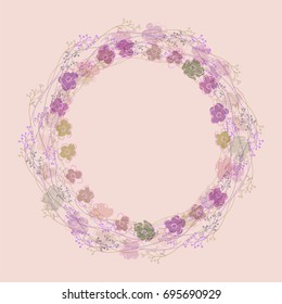 Gentle floral wreath with violets flowers.  Pastel. Great for greeting cards, wedding invitations, save the date, decorations, quote, etc. Vector