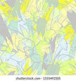 Gentle floristic seamless pattern with contours of flowers and leaves Narcissus, Daffodils on picturesque colorful background. Hand drawn outline sketch with chaotic brush strokes of happy colors.