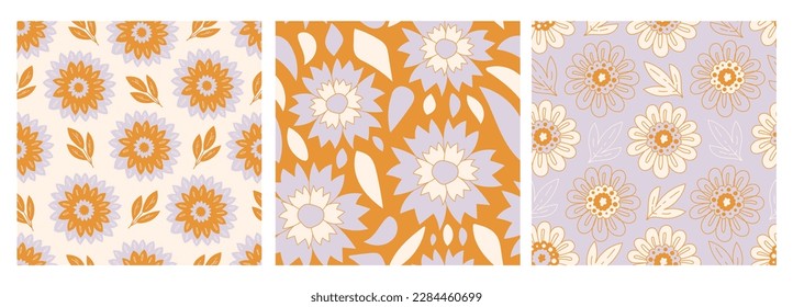 Flores suaves y juego de patrones sin fisuras. Colección de fondo interminable en tonos pastel con flores dibujadas a mano en formas geométricas, estilo doodle para textiles, tela, tarjeta de saludo
