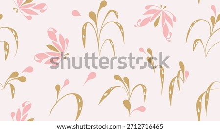 Gentle foliage with teardrop floral pattern. Abstract butterfly and delicate leaf pastel seamless design.