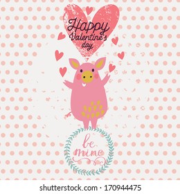Gentle funny piglet angel in cartoon style. Cute Valentines day card in vector. Childish background with polka dot in pastel colors