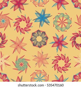 Gentle geometrical seamless pattern with abstract flowers and stars. 