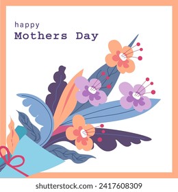 Gentil postal de regalo para el feliz día de la madre. Flores de primavera con cinta y marco. Expresando respeto y amor a las mujeres especiales en la vida. Cartel de vacaciones o saludo. Vector de estilo plano