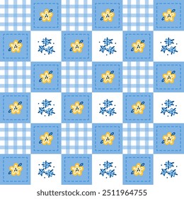 Patrón suave sin fisuras del tartán del gingham con las flores azules y amarillas