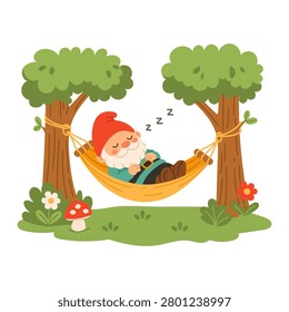 Gentle gnome sleeps peacefully in a hammock. Trees frame the cozy forest scene. Mushrooms and flowers add charm to the ground. Soft light enhances the tranquil, dreamy mood