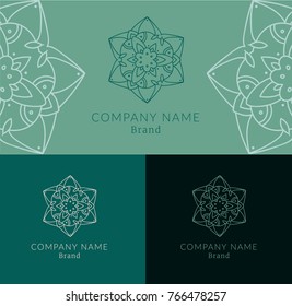 Gentle gold beautiful circular logo for salon, flower shop, business, interior. Company mark, emblem, element. Simple geometric mandala logotype. Kaleidoscope big bud. Surround abstract blossom.