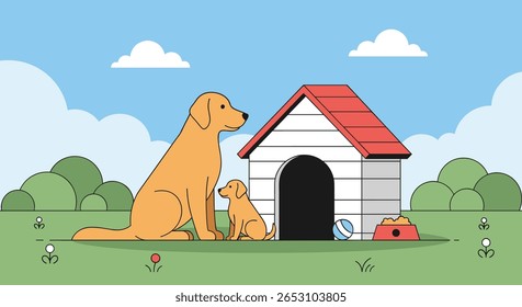 A Gentle Golden Retriever and Her Puppy Sit Beside Their Cozy Dog House on a Sunny Summer Day Outdoors