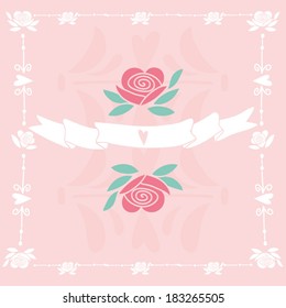 Gentle graphic background with roses and ribbon.