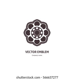 Gentle gray beautiful circular logo for boutique, flower shop, business, interior. Company mark, emblem, element. Simple geometric mandala logotype. Kaleidoscope big bud. Surround abstract blossom.