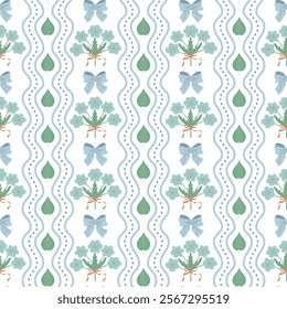 Gentle green floral grandmillennial seamless pattern decorated coquette bows, ribbons, flowers, vertical stripes, hand drawn preppy wallpaper, cute cottagecore print. Vector retro repeat background