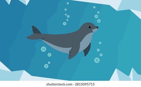 Gentle grey seal glides gracefully through clear blue arctic waters surrounded by rising air bubbles.