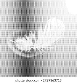 Una ilustración suave de medio tono de una sola pluma de pájaro blanco suave. Este diseño dulce representa ligereza, pureza y comodidad. Perfecto para la marca del salón de belleza, etiquetas de productos de ropa de cama y folletos de bienestar de spa. El efecto de patrón de puntos captura las delicadas púas y la forma aireada de la columna de forma realista. Gráfico de Vector escalable para marcas de identidad visual limpias y profesionales en los sectores de la salud y el hogar.