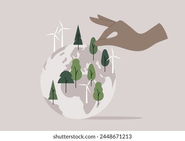 Gentle Hand Nurturing a Greener Earth Amidst Windmills, fingers delicately interact with tiny trees on a stylized globe, windmills standing tall in the background