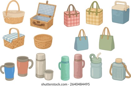 A gentle hand-drawn style illustration set of outdoor and picnic accessories including baskets, cooler boxes, bottles, thermos flasks, and mugs.