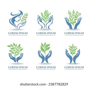 Manos suaves con un brote o hierbas, un emblema o logotipo para una empresa de cosméticos, tratamientos de spa, salón de masajes, salón de belleza, productos de cuidado de la piel para el medio ambiente