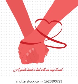 A gentle heart is tied with an easy thread. Two hands together. Valentines Day Minimal Poster Vector Illustration