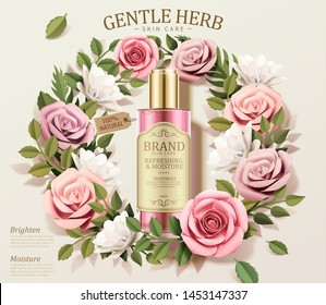 Gentle herb toner ads with paper flowers wreath in 3d illustration Gentle herb toner ads with paper flowers wreath in 3d illustration