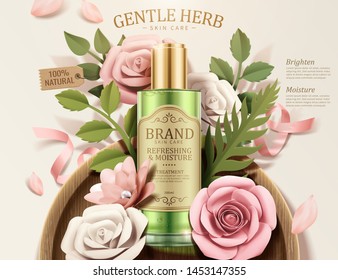 Gentle herb toner ads with paper flowers in 3d illustration, top view