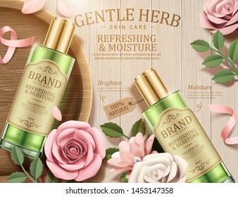 Gentle herb toner ads with paper flowers on wooden table in 3d illustration, top view