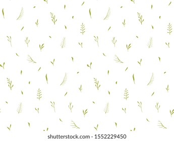 Gentle herbs and leaves seamless pattern on white background. Simple floral texture on transparent background repetitive pattern.