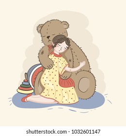 gentle hugs of best friends, a girl and a teddy bear