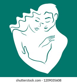 Gentle hugs of man and woman as logo of strong and reliable love, white hand drawing vector on the turquoise background