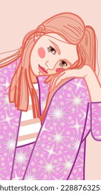 A gentle illustration depicting a young blonde girl with dark hair, who is sitting in a comfortable pose in pink pajamas with stars.