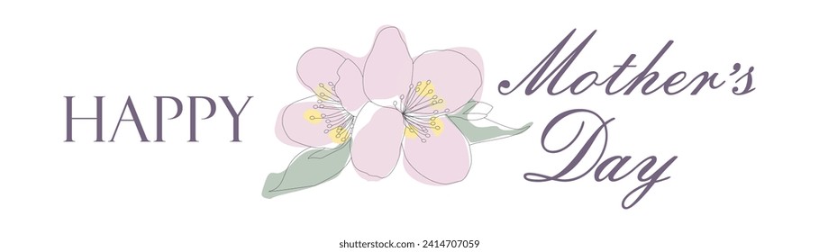 Gentle inscription of the Lettering Happy Mothers Day. Hipster greeting card with Outline flower and Text. Vector illustration isolated on white. Graphic Art for Greeting Card, Banner, Poster, Sticker