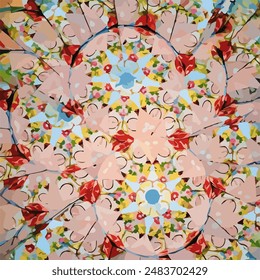 A gentle kaleidoscope pattern featuring pink, red, light-blue, and yellow colors. The floral design includes repeating geometric shapes and abstract forms, creating a mesmerizing artwork.