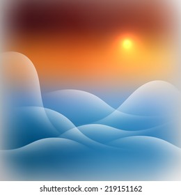 Gentle Landscape with Mountains Waves at Sunset Sky Square Beautiful Vector Background