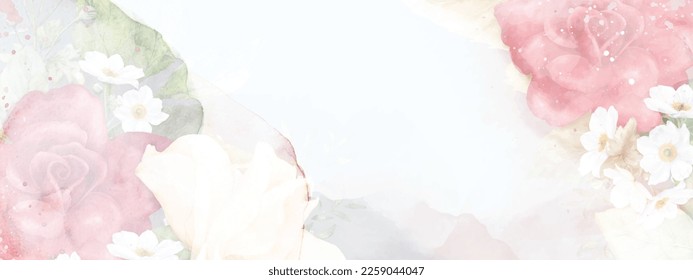 Gentle and light abstract background with watercolor roses and splash stains. suitable for banner background decoration, header, weddings, cards, or web.