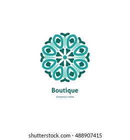 Gentle light blue beautiful circular logo for boutique, flower shop, business, interior. Company mark, emblem, element. Simple geometric mandala logotype. Kaleidoscope big bud. Surround abstract.