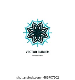 Gentle light blue beautiful circular logo for boutique, flower shop, business, interior. Company mark, emblem, element. Simple geometric mandala logotype. Kaleidoscope big bud. Surround abstract.