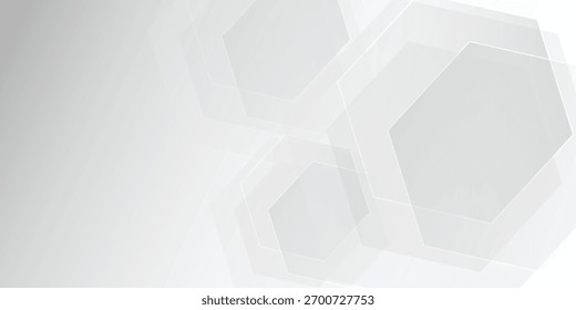 La luz suave se refleja en las Formas hexagonales transparentes blancas y grises superpuestas, creando un fondo geométrico aireado y minimalista perfecto para el diseño moderno