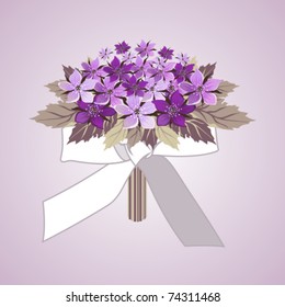 Gentle lilac card with a bouquet lilac flowers with the text an inscription and a bow a bouquet for the bride