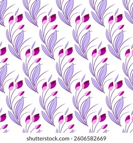 Gentle linear ornament of tulips. Floral seamless pattern. Cute decor of pink purple plants. Floral garland of curved leaves and flowers on white background. Bouquet of spring flowers
