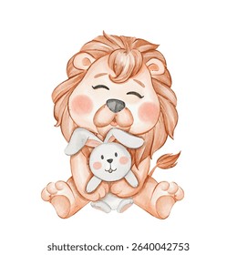 Gentle Lion Cub Cuddling Plush Bunny, Watercolor Illustration