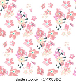 gentle little flowers and petals flying aside the botanical pattern of small colored wildflowers